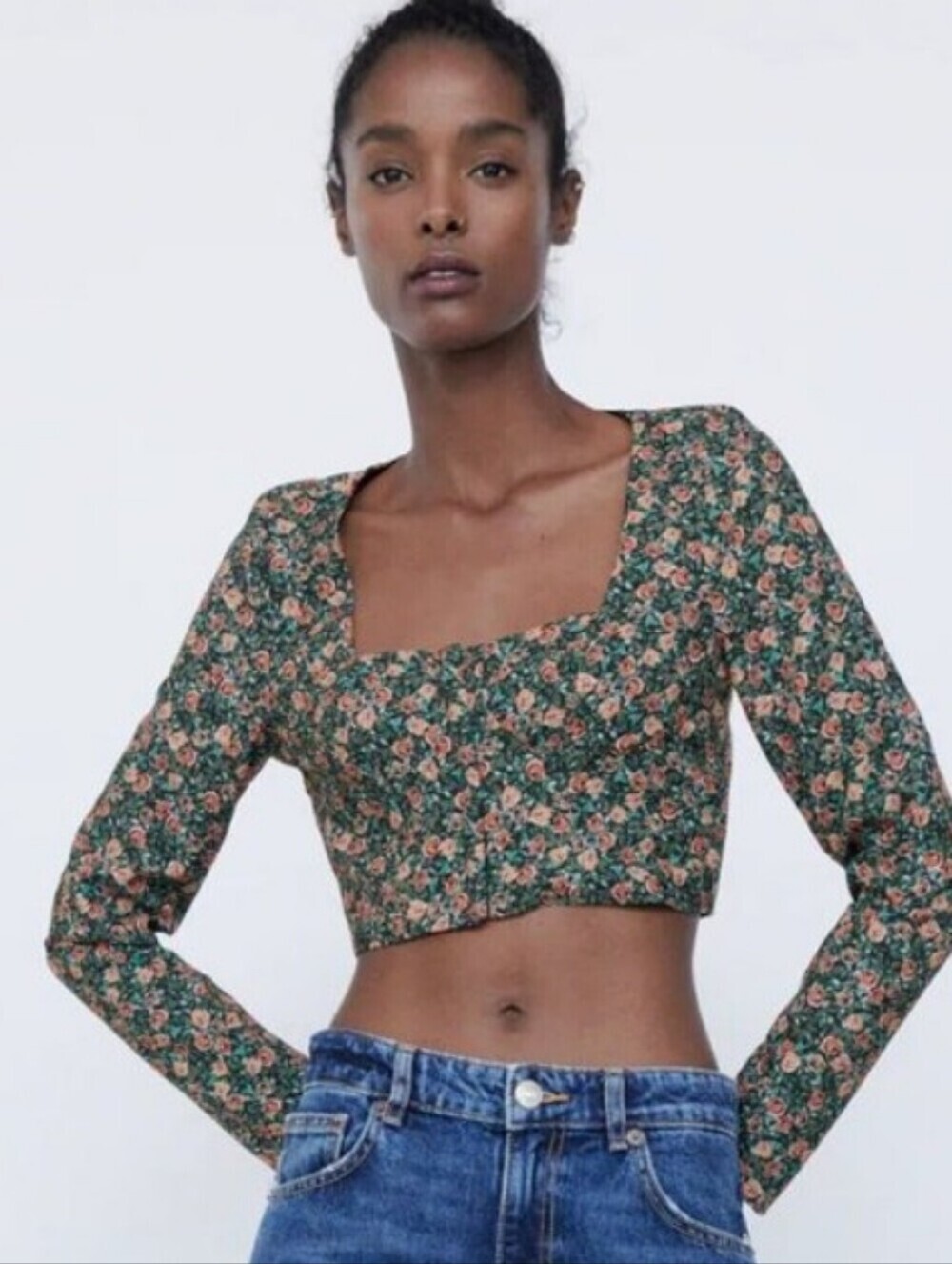 Zara Floral Jacquard Square-Neck Long Sleeve Corset Crop Top Size Small
